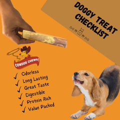 Cowdog Chews Rawhide Gourmet Meaty Rolls in-hand with packaging, ideal for training rewards.