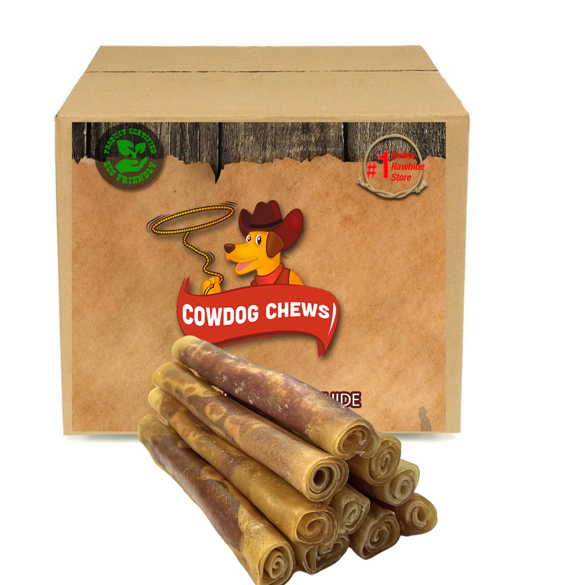 Cowdog Chews Rawhide Gourmet Meaty Rolls pack, long-lasting chew for aggressive chewers.