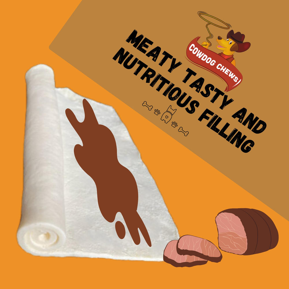 Cowdog Chews Rawhide Meaty Rolls in pack feature highlights high-protein snack.