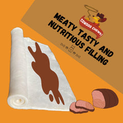 Cowdog Chews Rawhide Meaty Rolls in pack feature highlights high-protein snack.
