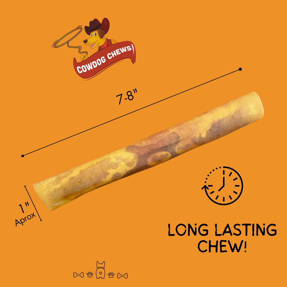 Cowdog Chews Rawhide Meaty Rolls close-up slice reveals savory beef filling.