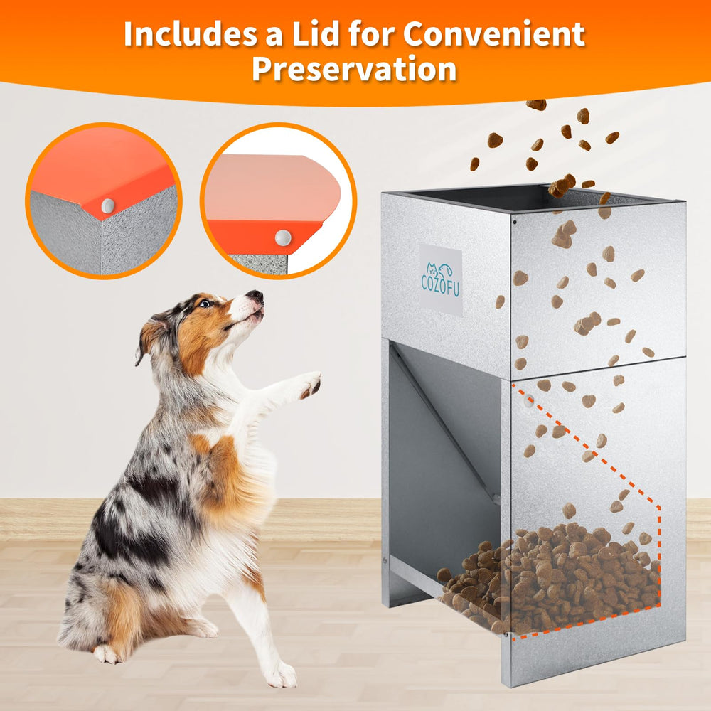 COZOFU dog feeder side profile shows galvanized steel durability for indoor or outdoor use.