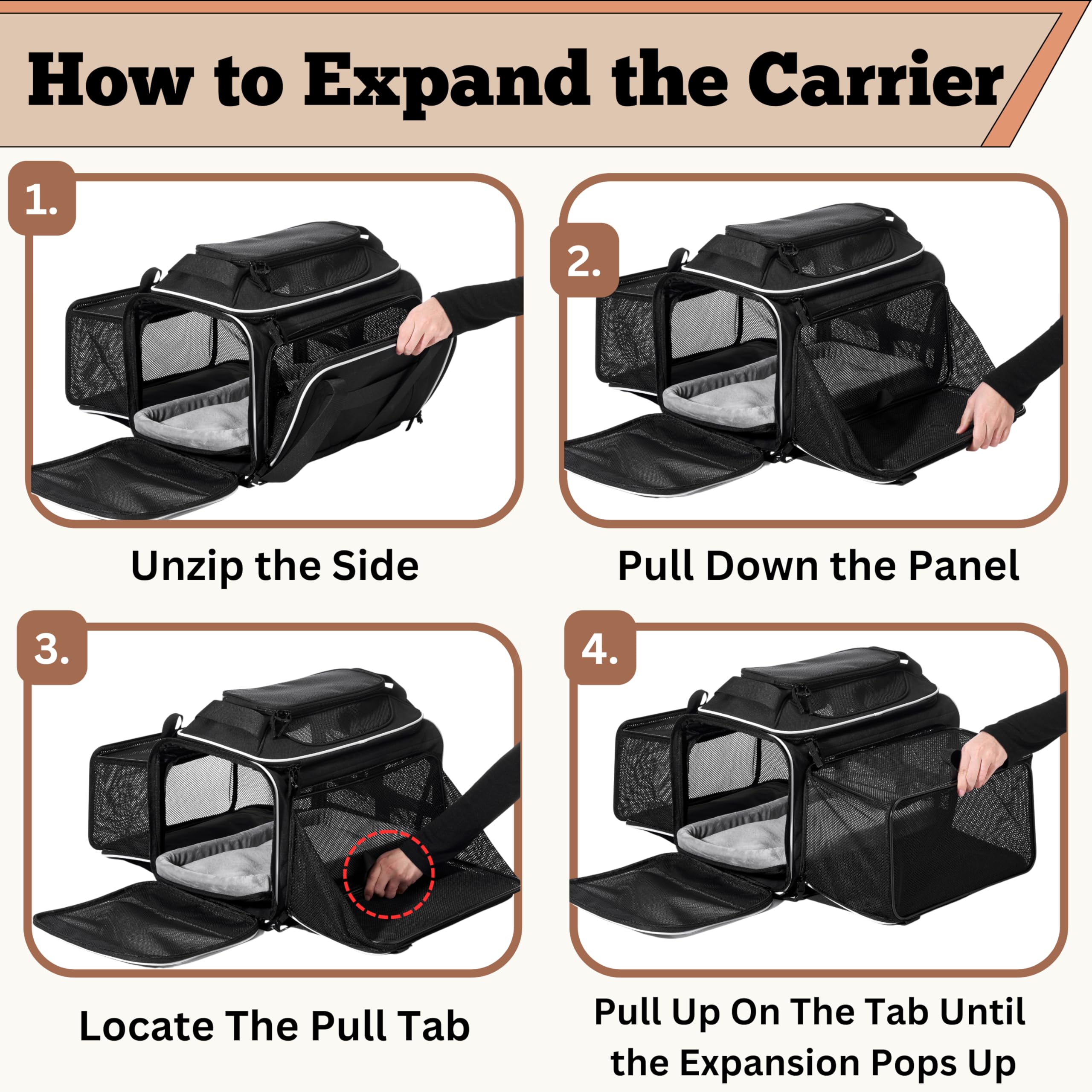 Cozy Cruiser travel-ready carrier folds and attaches to trolley for easy transit.
