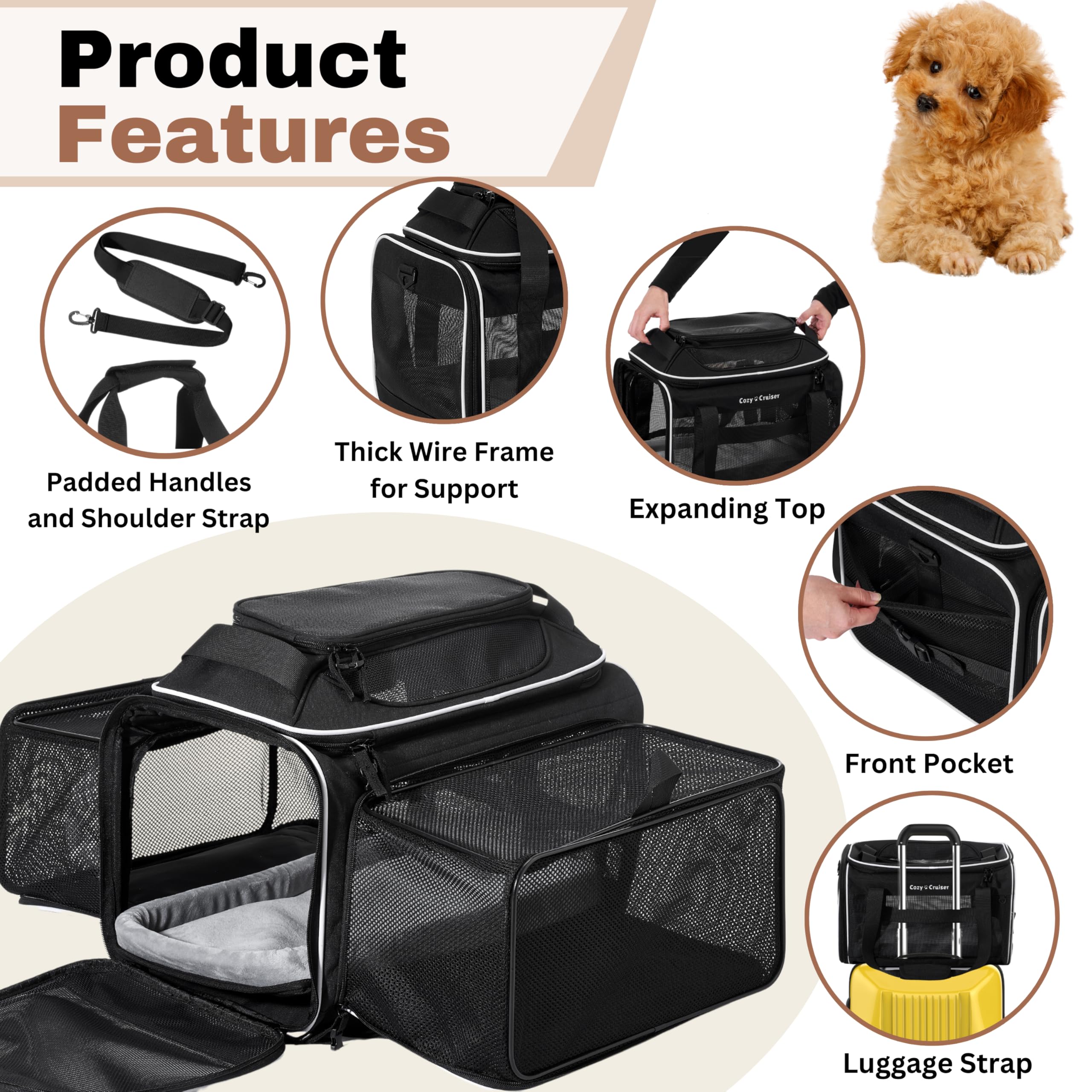 Cozy Cruiser breathable mesh panels ensure ample air circulation and pet comfort.