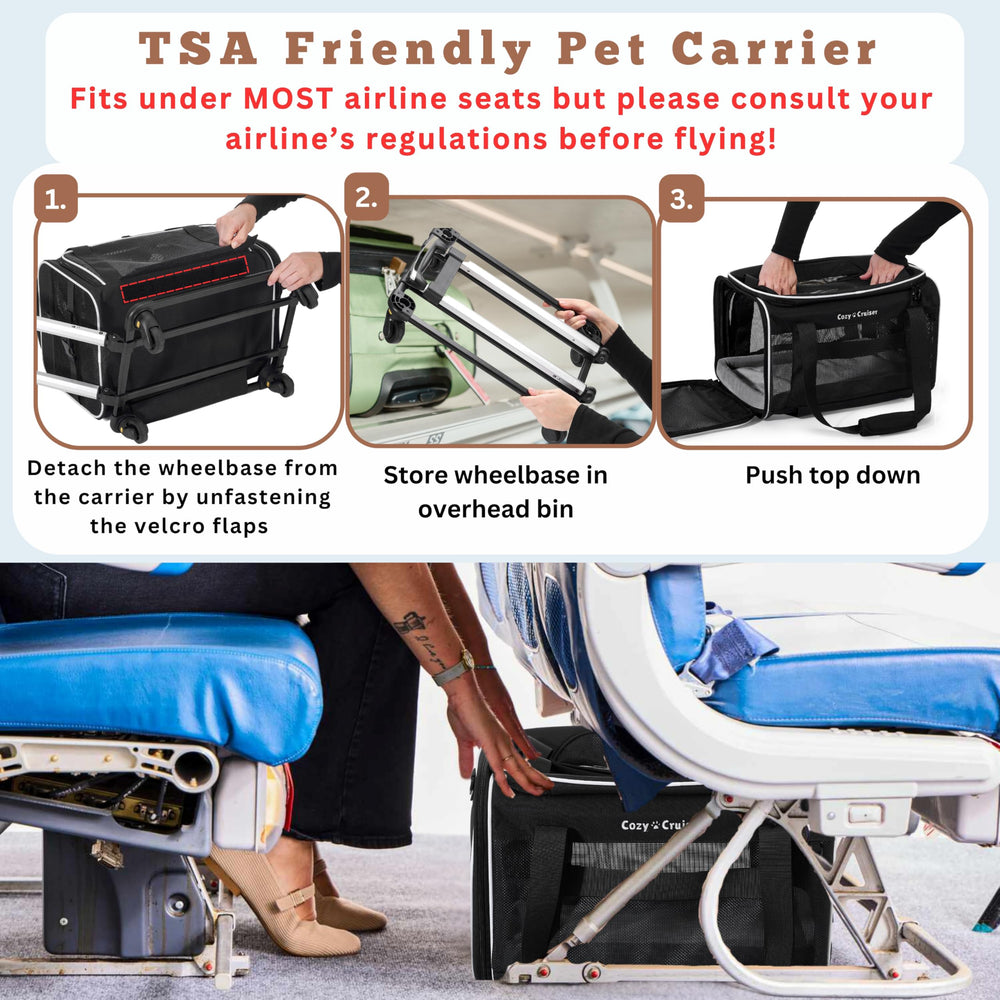 Cozy Cruiser under-seat compliant design fits beneath cabin seats for easy travel.