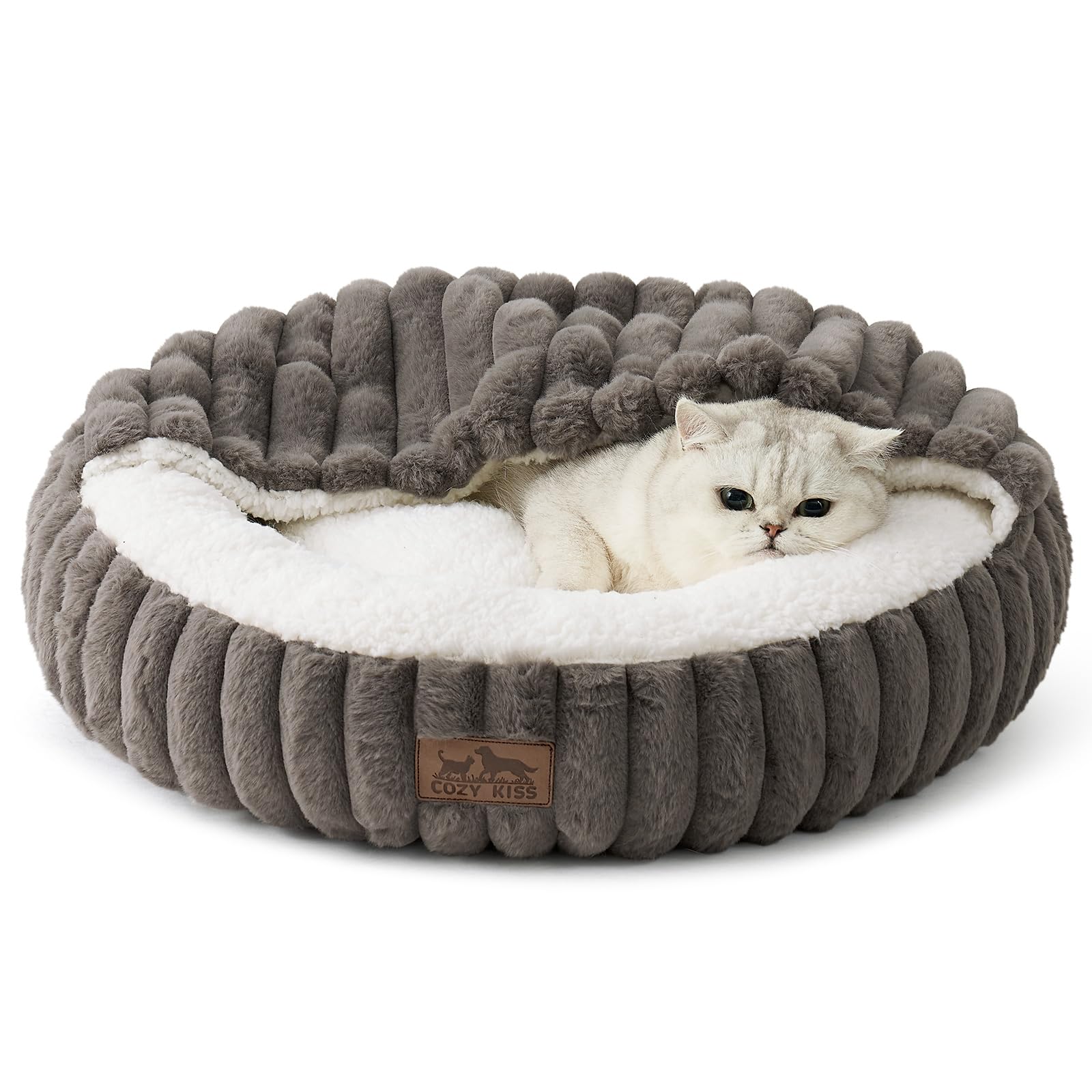 COZY KISS cat bed hooded cave provides secure, cozy naps.