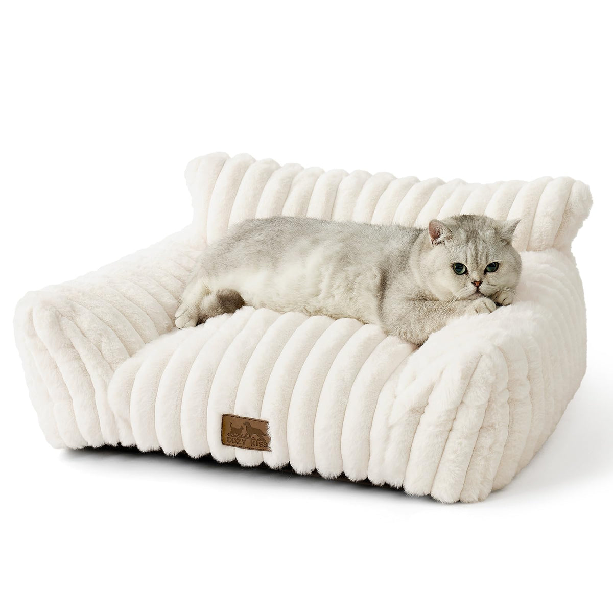 COZY KISS cat couch cream front view, plush faux fur for warm, cuddly naps.