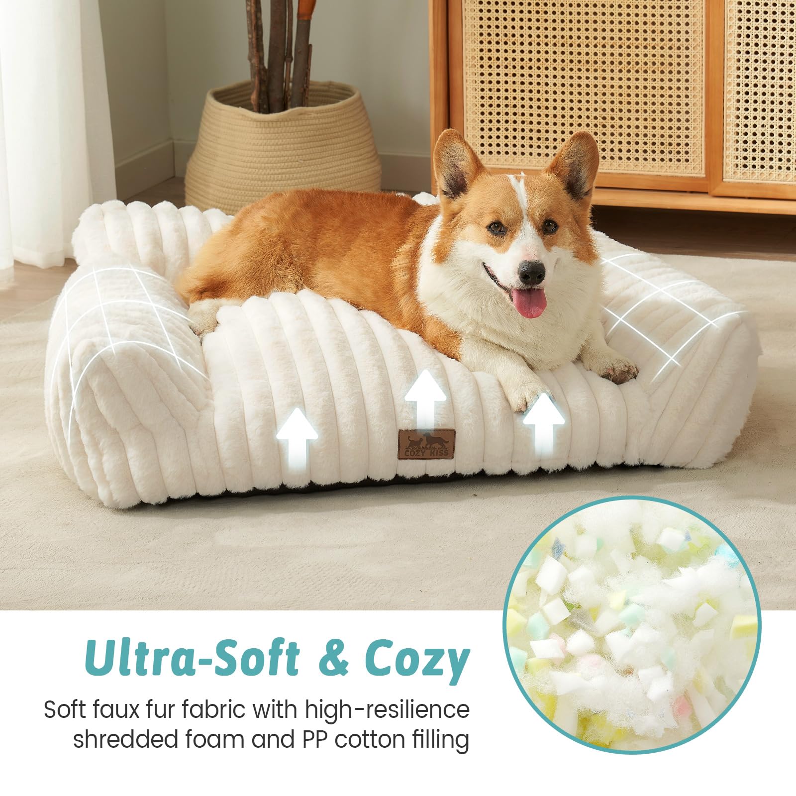COZY KISS Cute Cat Couch cream closeup fur emphasizes ultra-soft warmth for lounging.