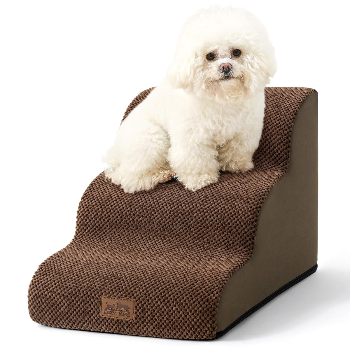 COZY KISS 3-step dog stairs in brown, side view showing easy sofa access