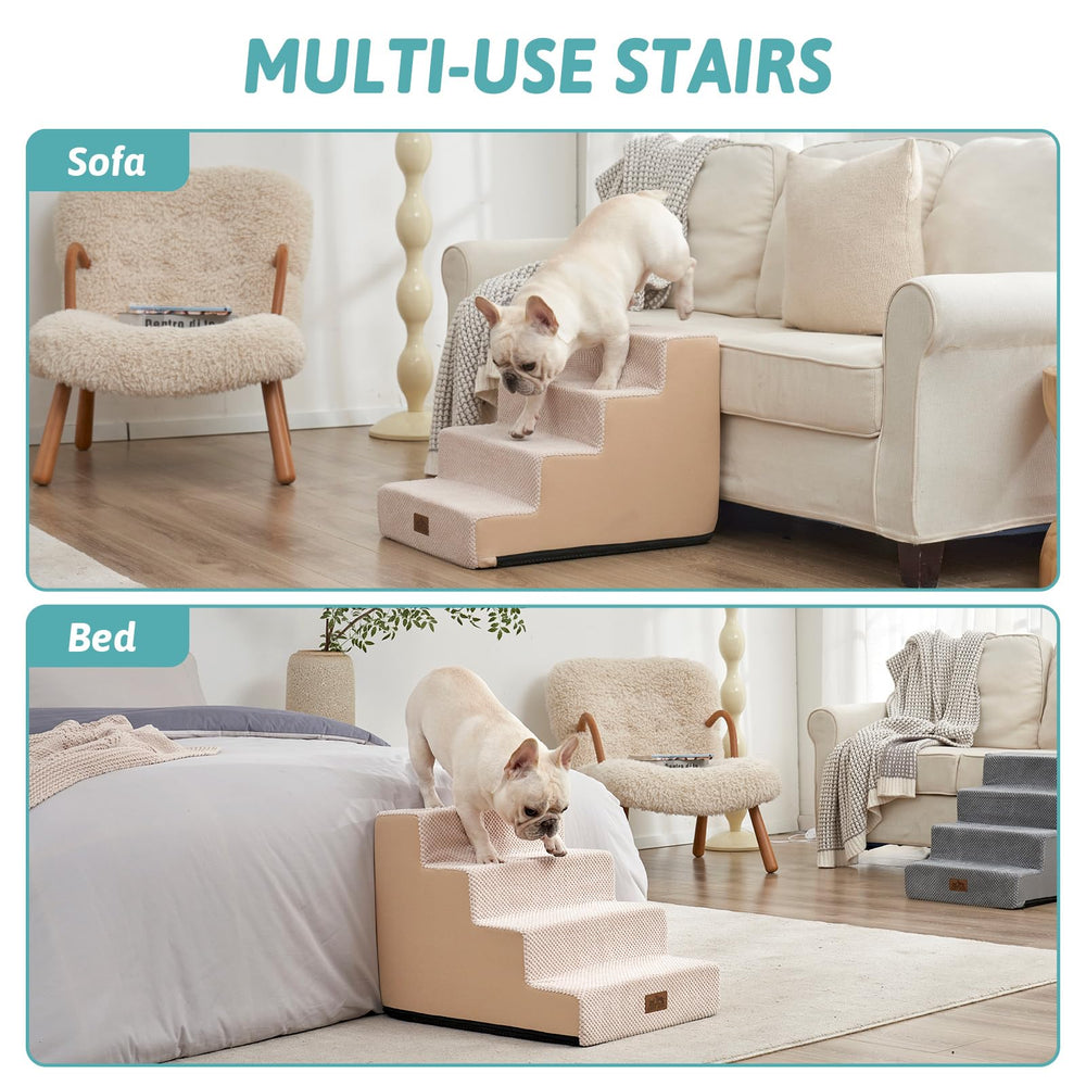 COZY KISS dog stairs assembled on sofa showing beige color for decor