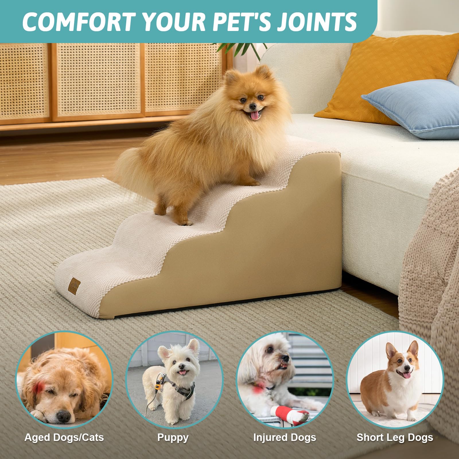 COZY KISS dog stairs anti-slip bottom keeps stairs steady.