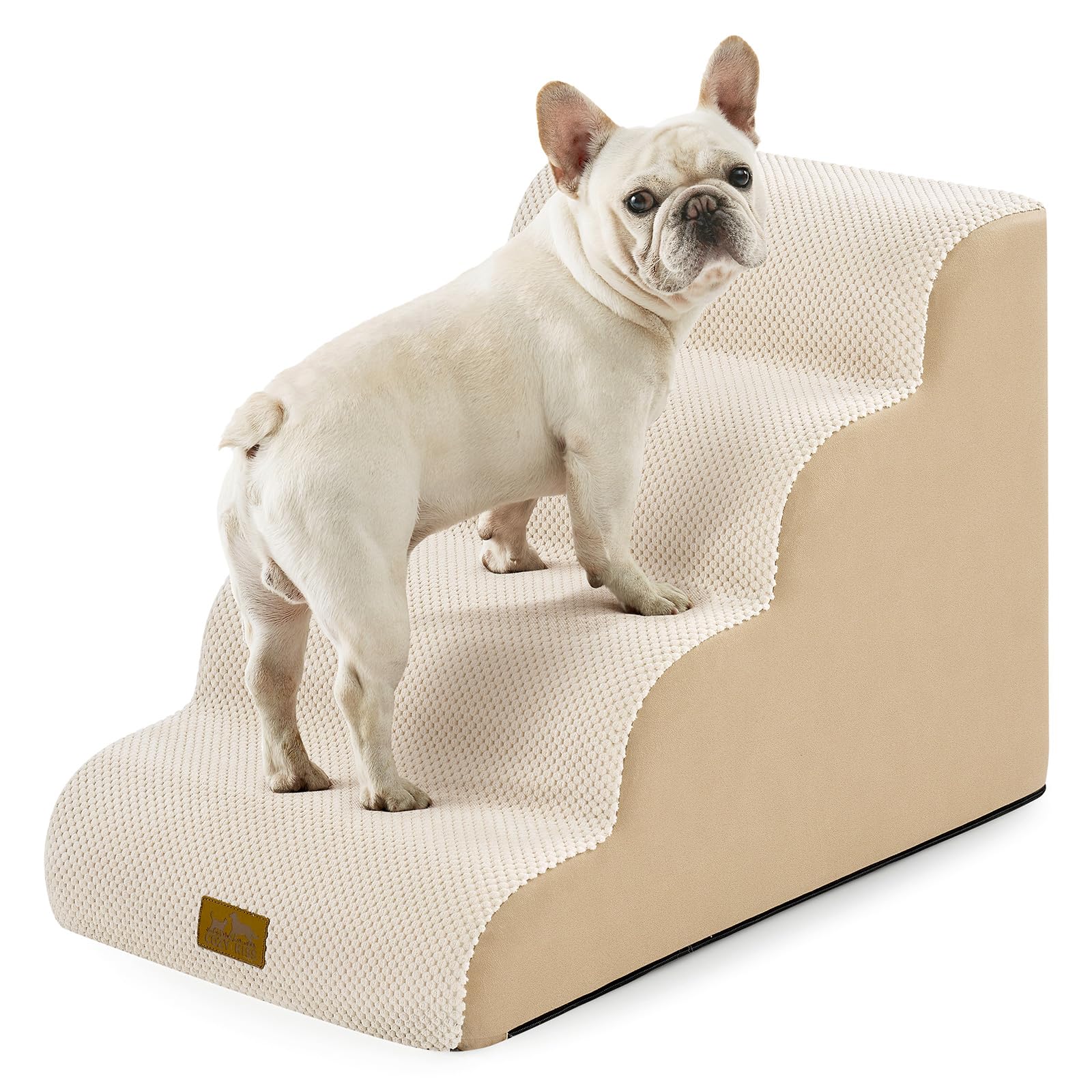 COZY KISS dog stairs curve beige side view shows curved design aiding small dogs to reach furniture
