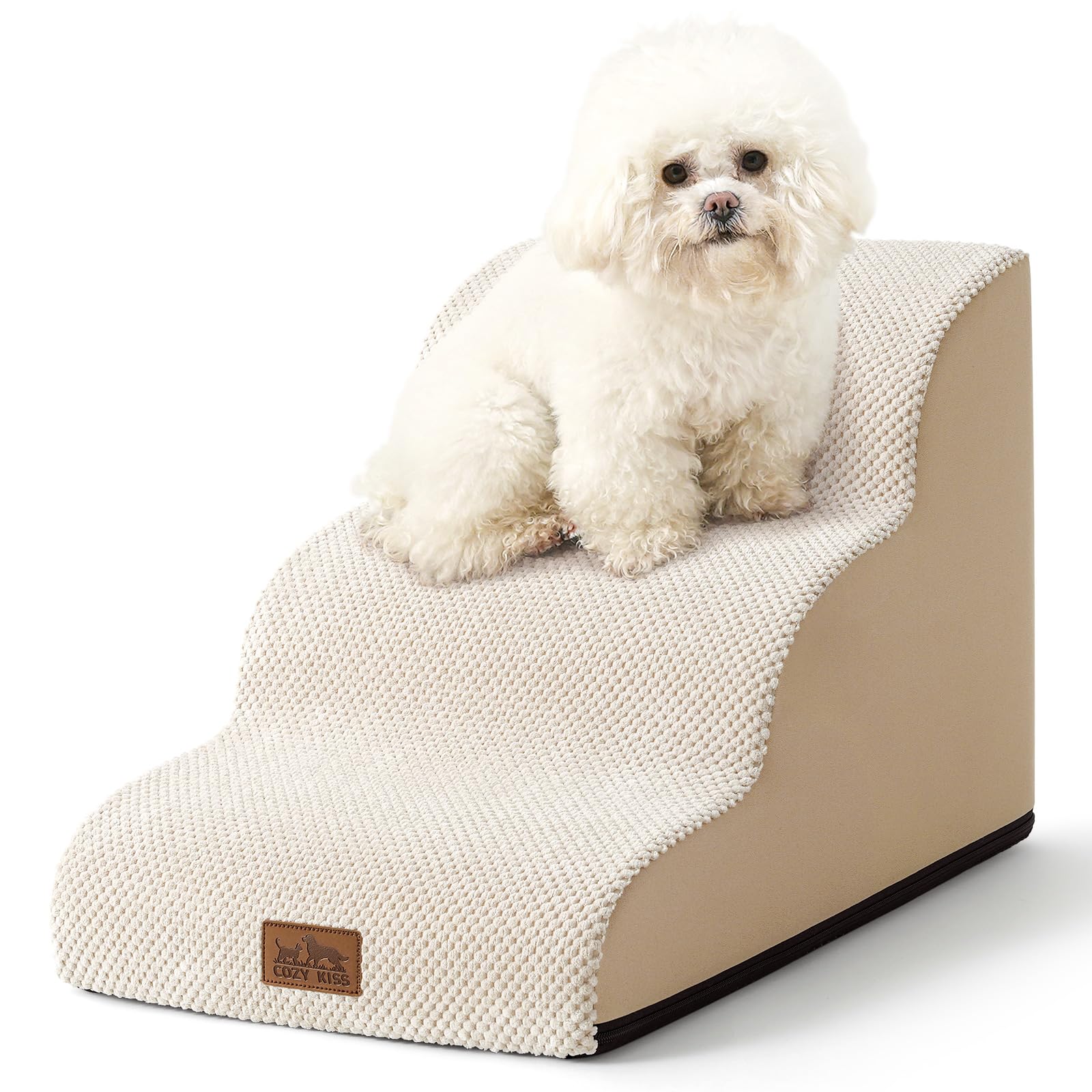 COZY KISS curved 3-step beige dog stairs provide gentle support for small dogs.