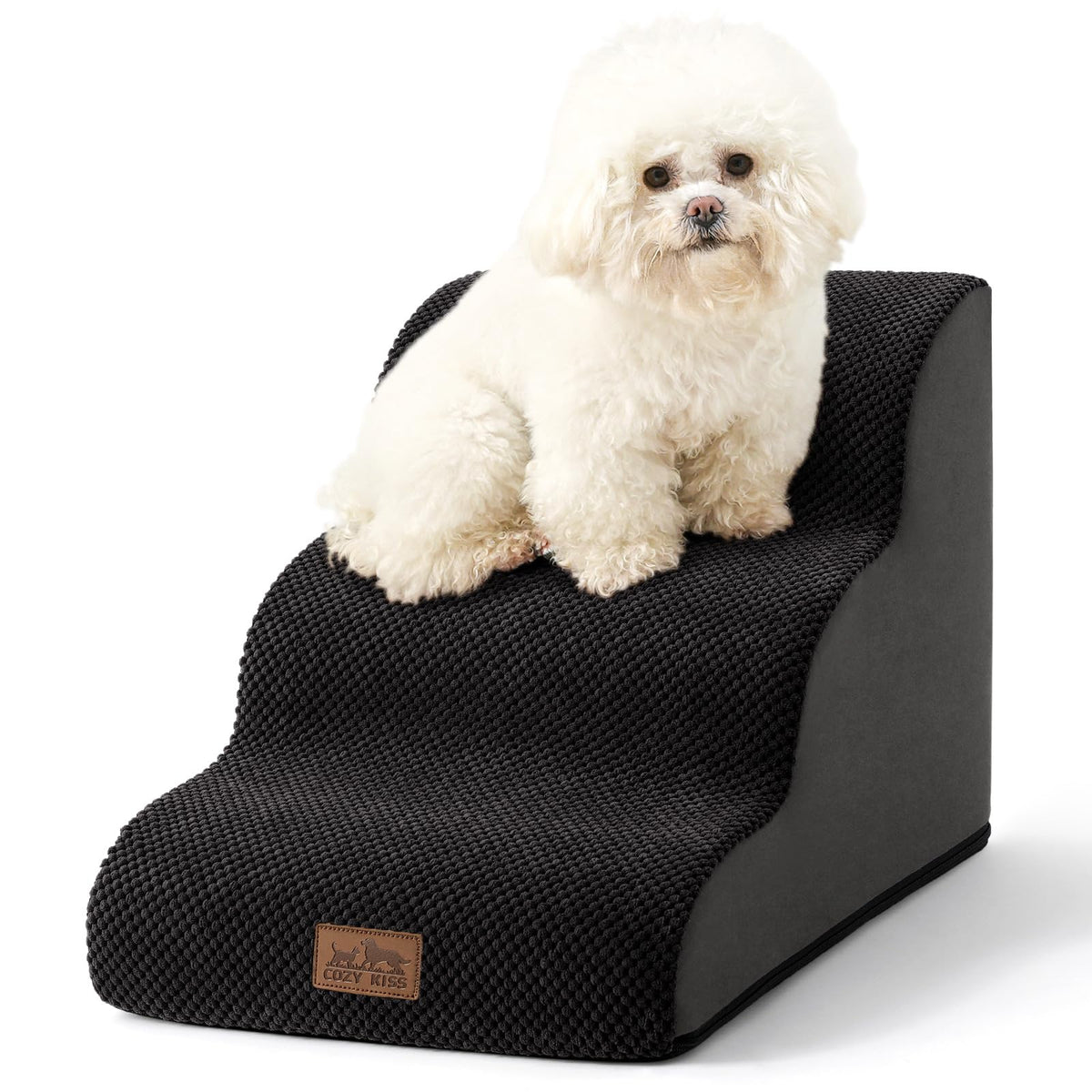 COZY KISS dog stairs curved 3-step design offers gentle access for small dogs.