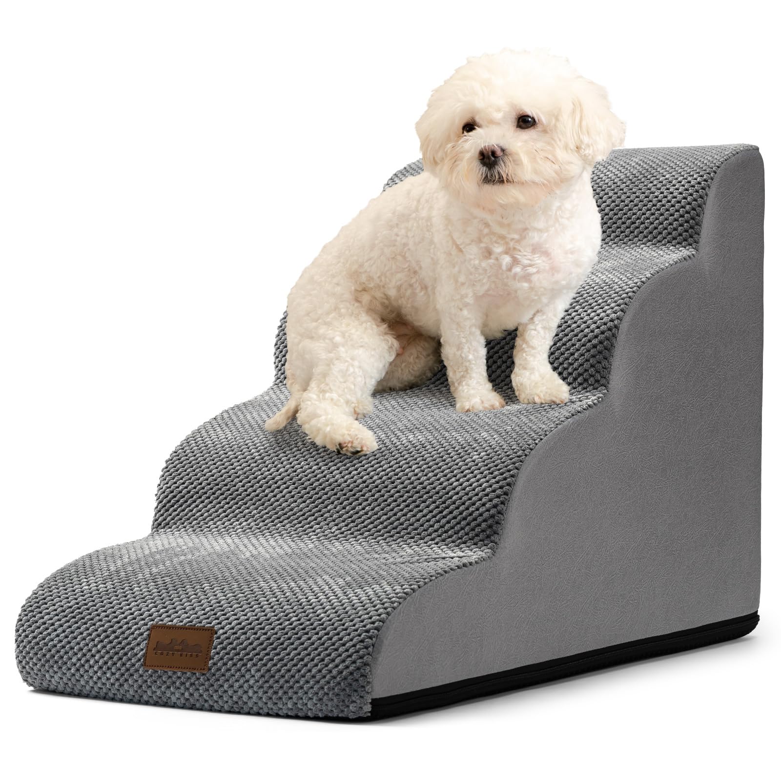 COZY KISS curved design stairs help small dogs reach sofas safely.