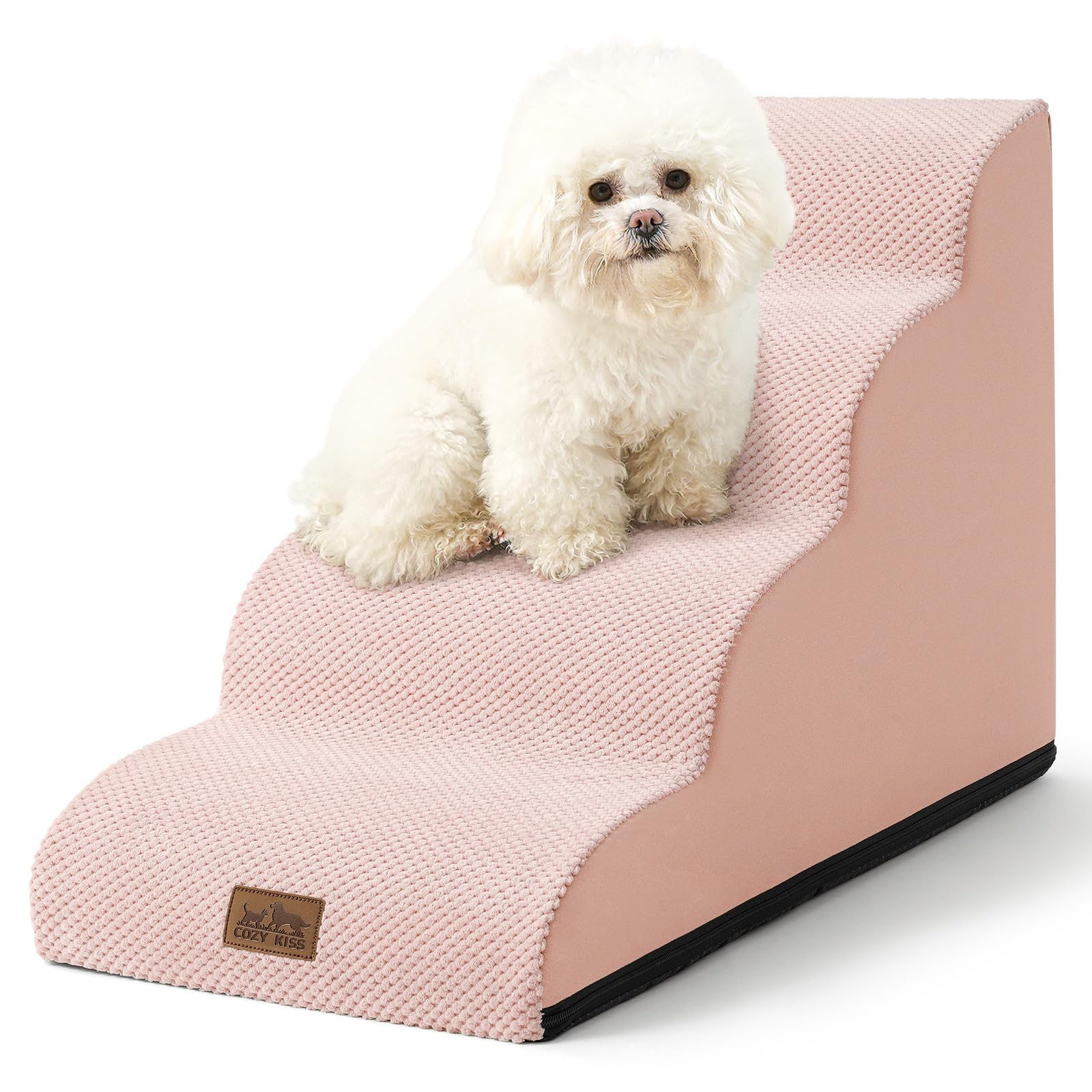COZY KISS dog stairs curved pink assembled for small dogs on a sofa.