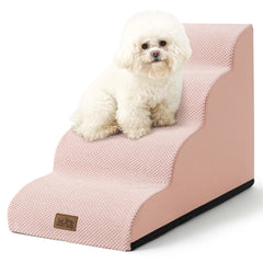 COZY KISS dog stairs curved pink assembled for small dogs on a sofa.