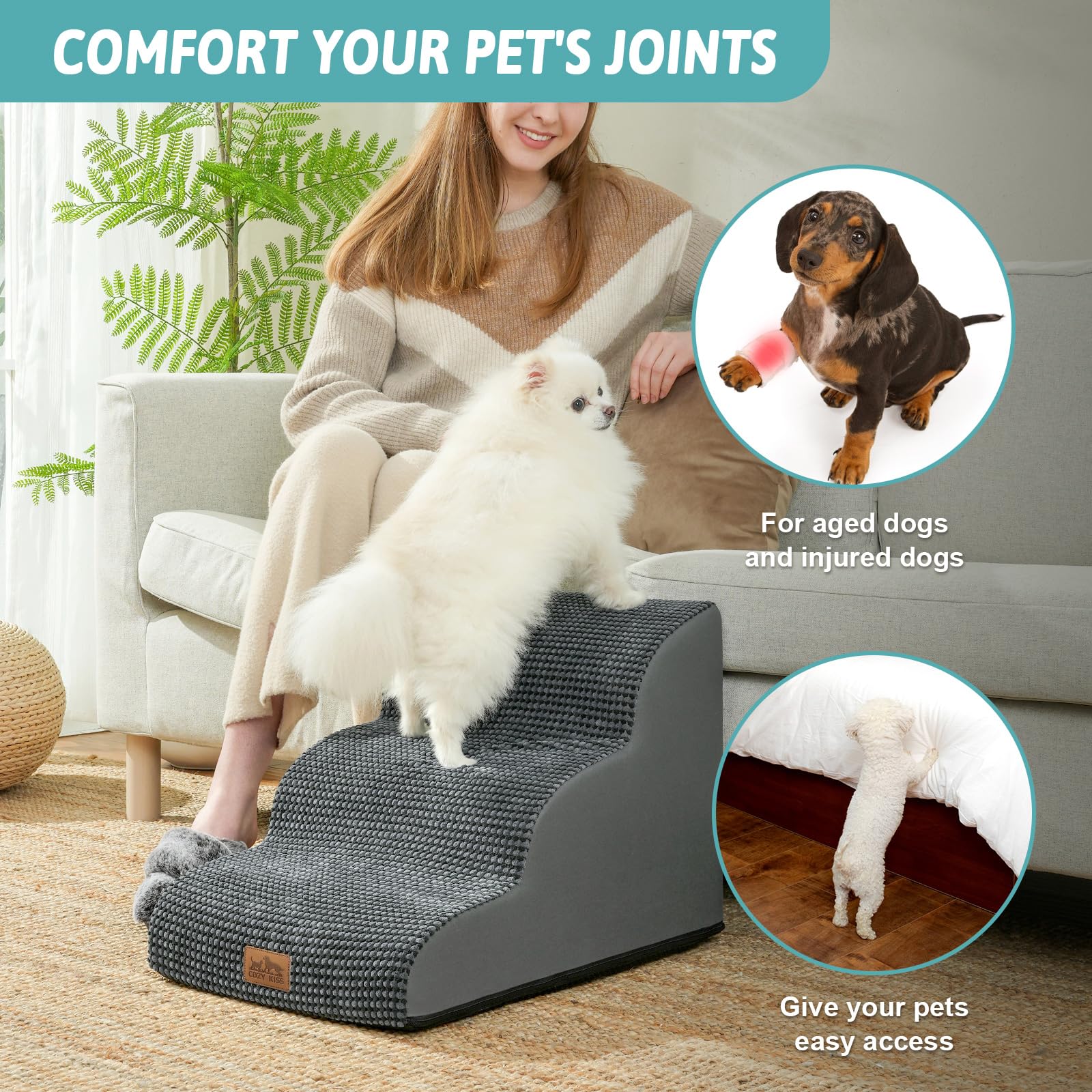 COZY KISS Dog Stairs 80-pound support with dense foam for comfort