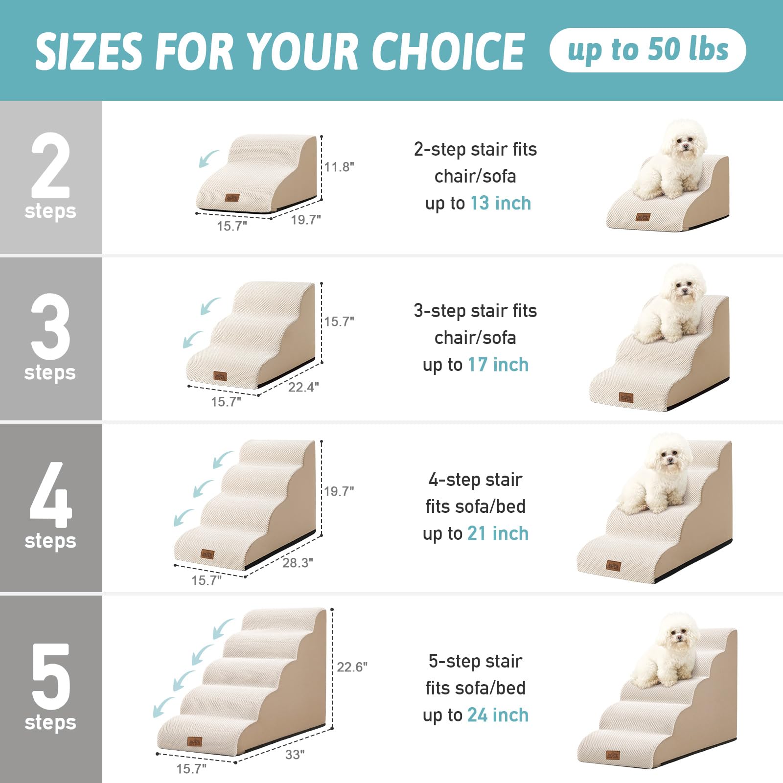 COZY KISS dog stairs side view shows ergonomic curved design for sofa access.