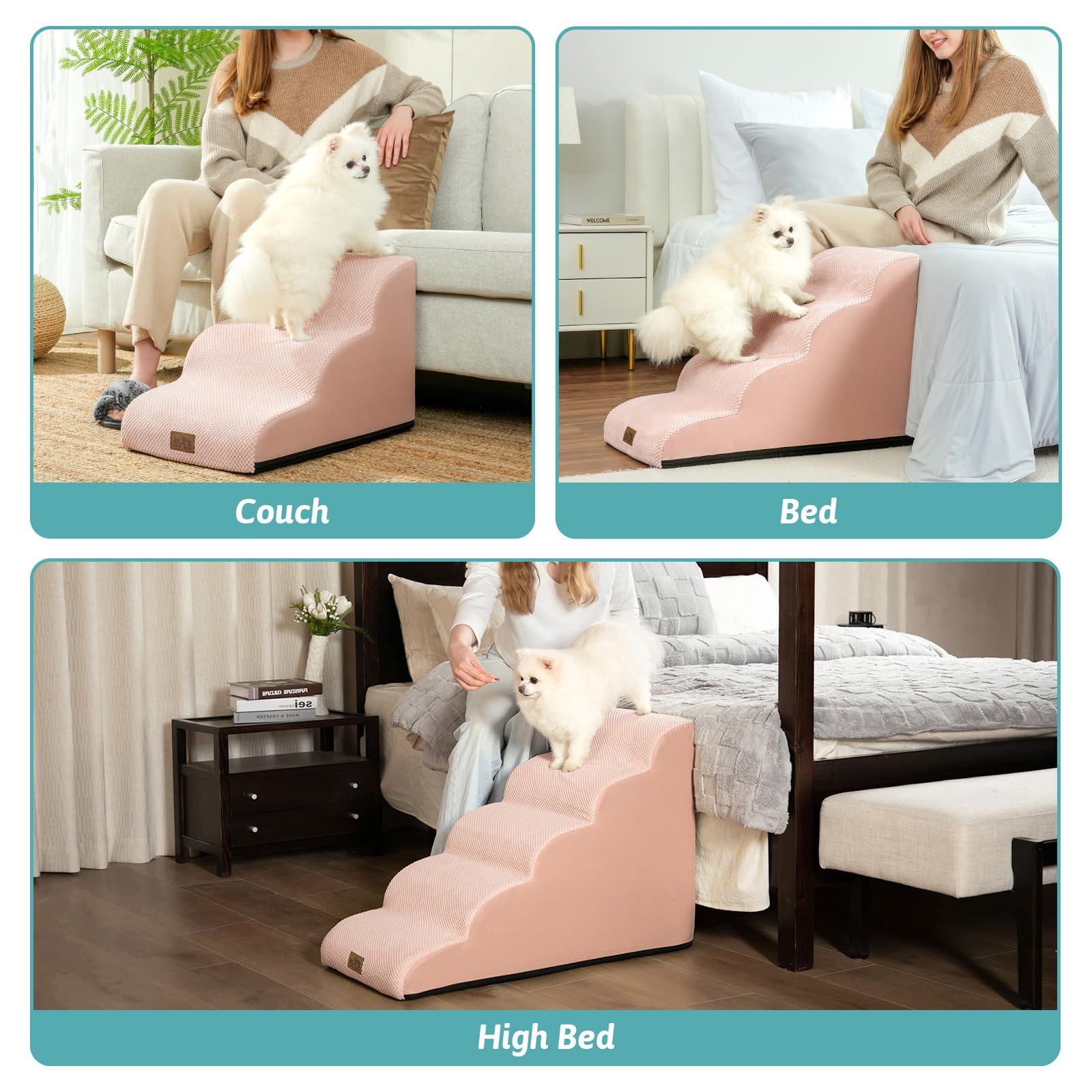 COZY KISS dog stairs sofa-use-setup shows compatibility with couches and chairs