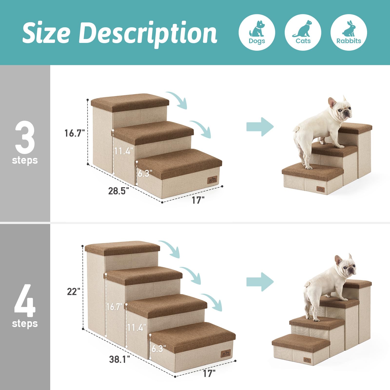 COZY KISS dog stairs storage hidden storage compartments, organized toys and blankets