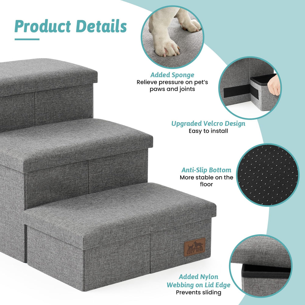 COZY KISS dog stairs storage used on bed: facilitates bed access.