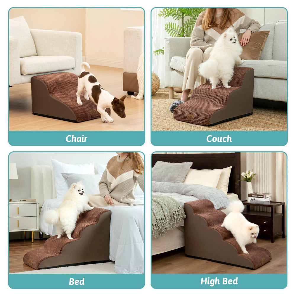 COZY KISS dog stairs in-use on sofa demonstrates easy integration with furniture.