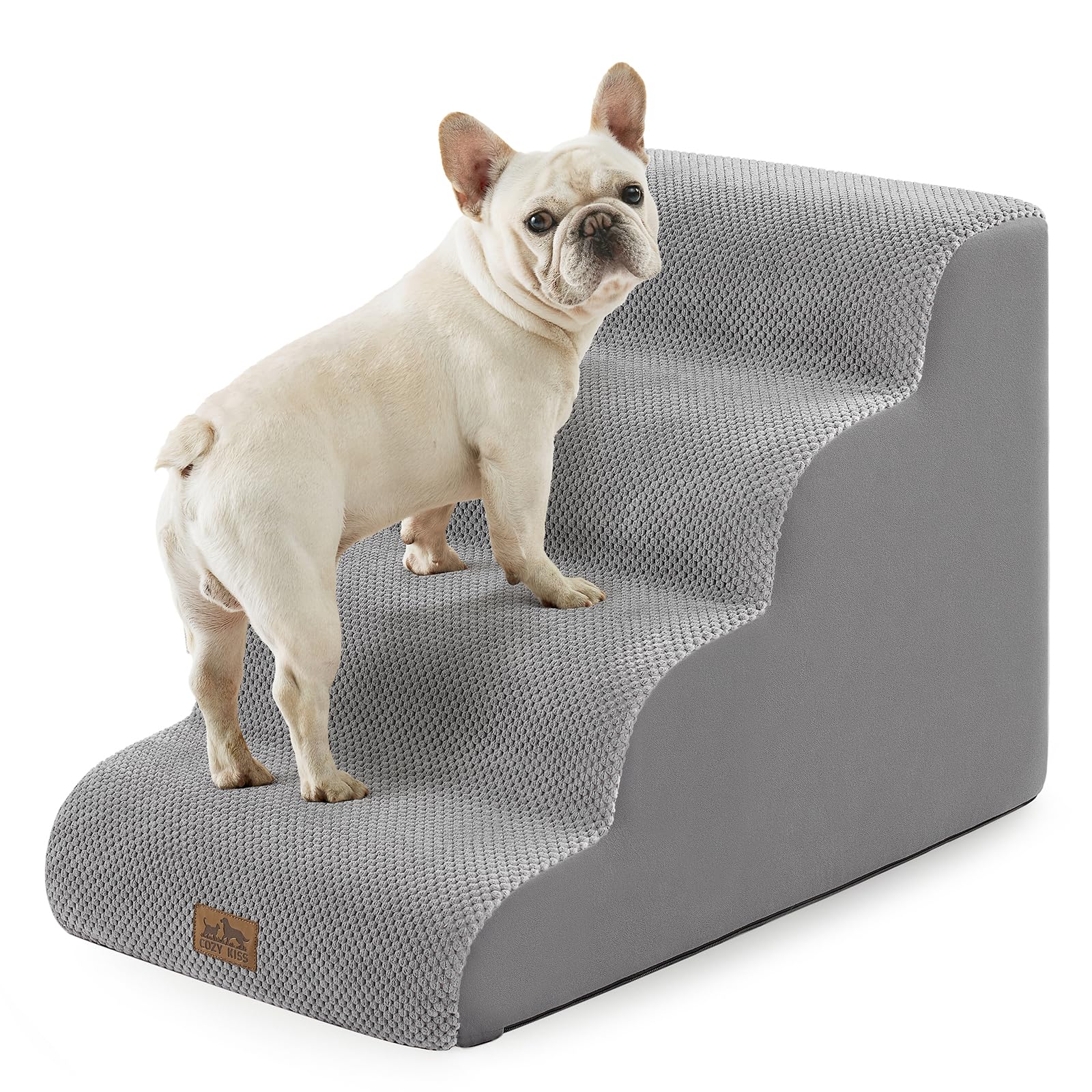 COZY KISS dog stairs on bed show wide steps for easy, stable access.