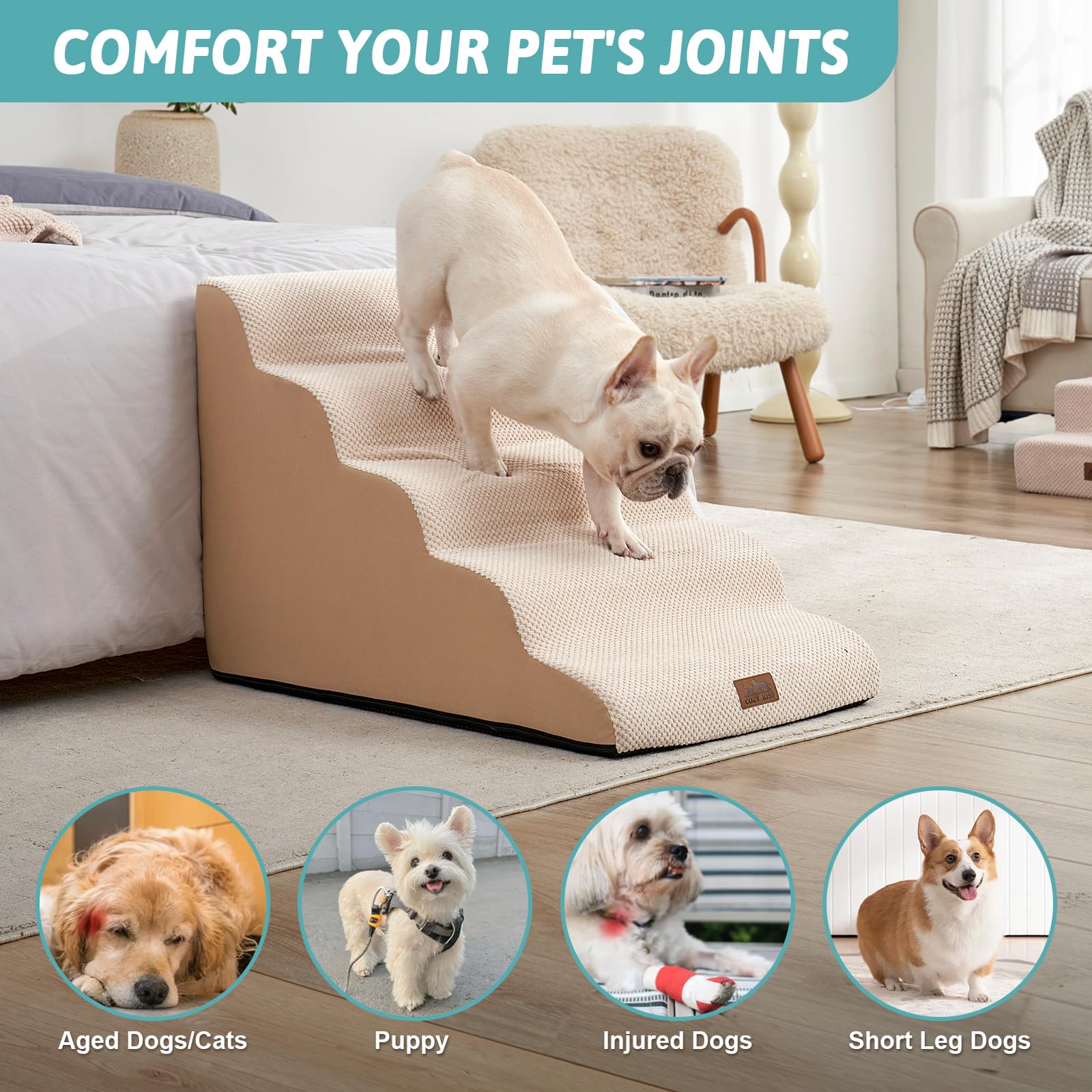 COZY KISS Extra Wide Dog Stairs assembly guide shows quick setup.