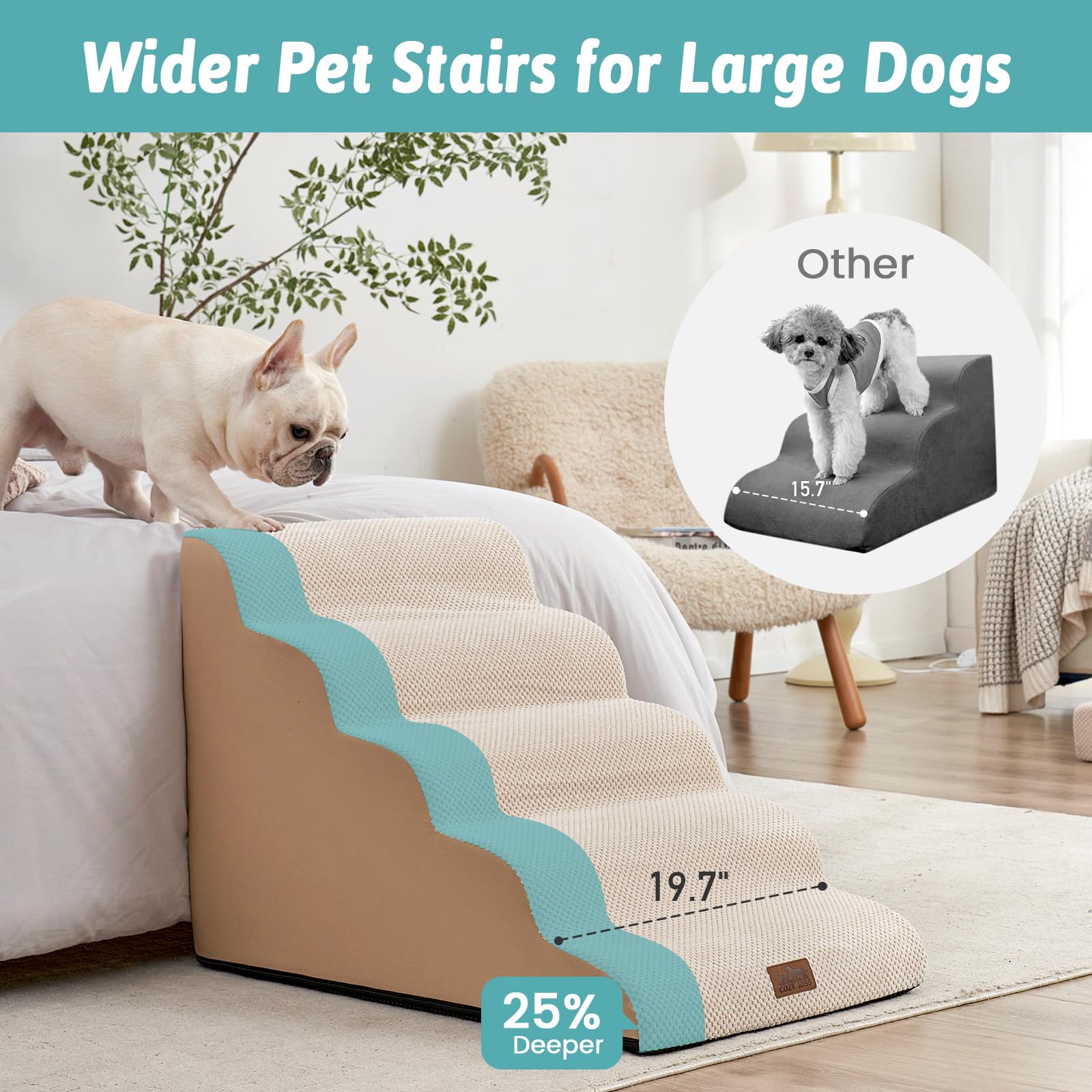 COZY KISS dog stairs foam core provides soft, supportive climbs for pets.