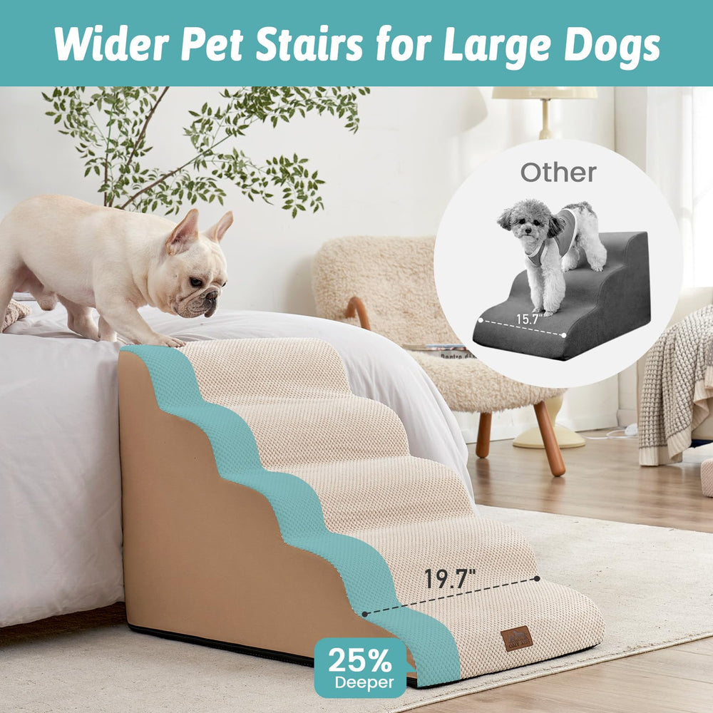 COZY KISS dog stairs foam core provides soft, supportive climbs for pets.