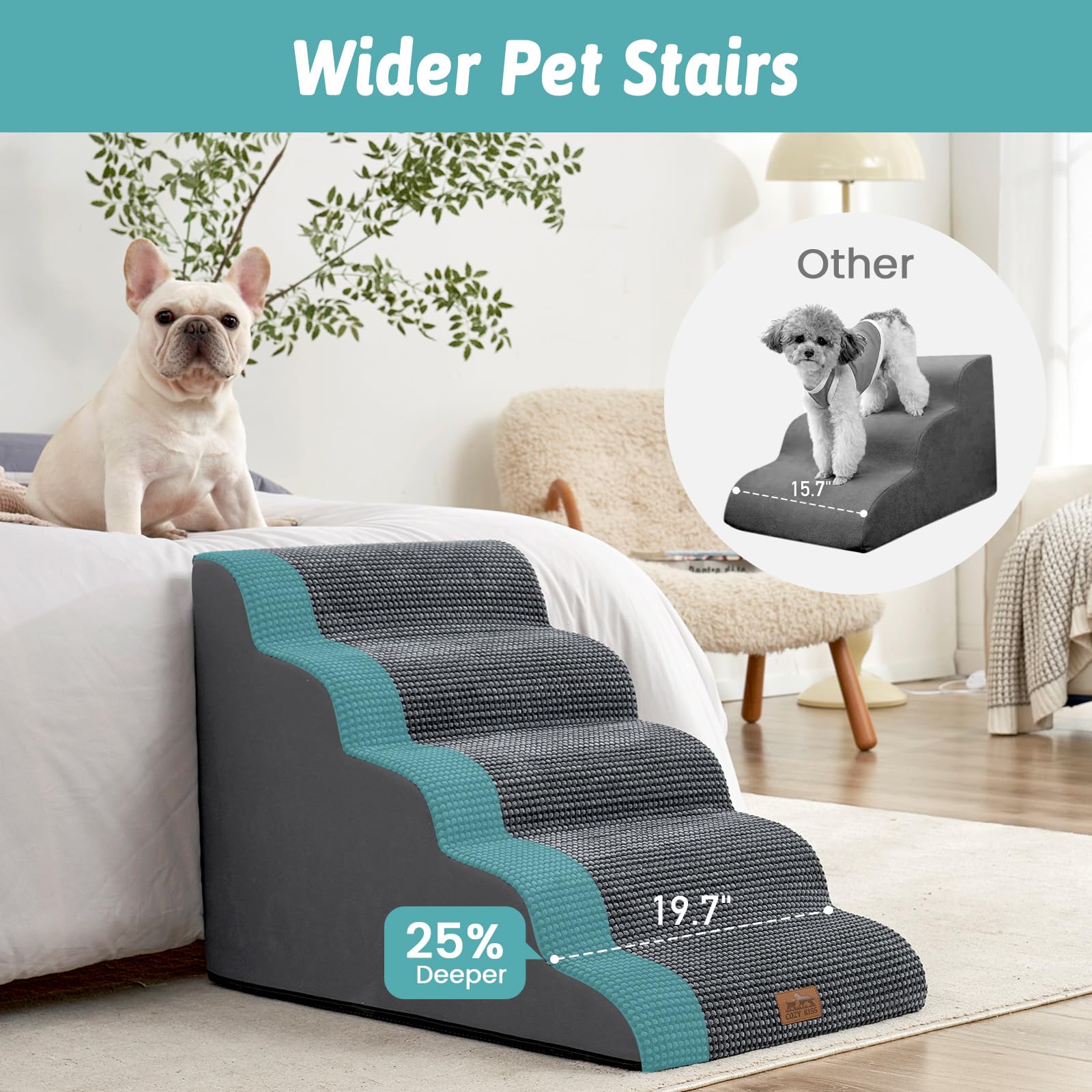 COZY KISS extra-wide dog stairs side angle highlighting stability during climbs