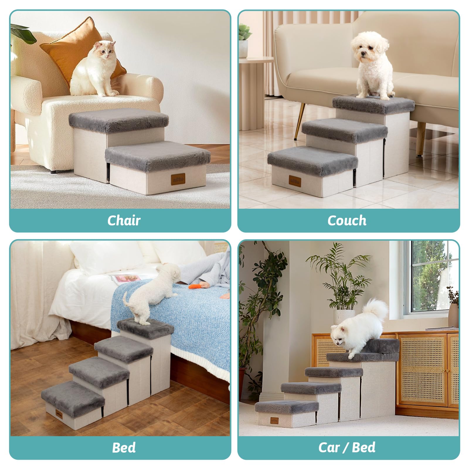 COZY KISS steps with built-in storage per step.