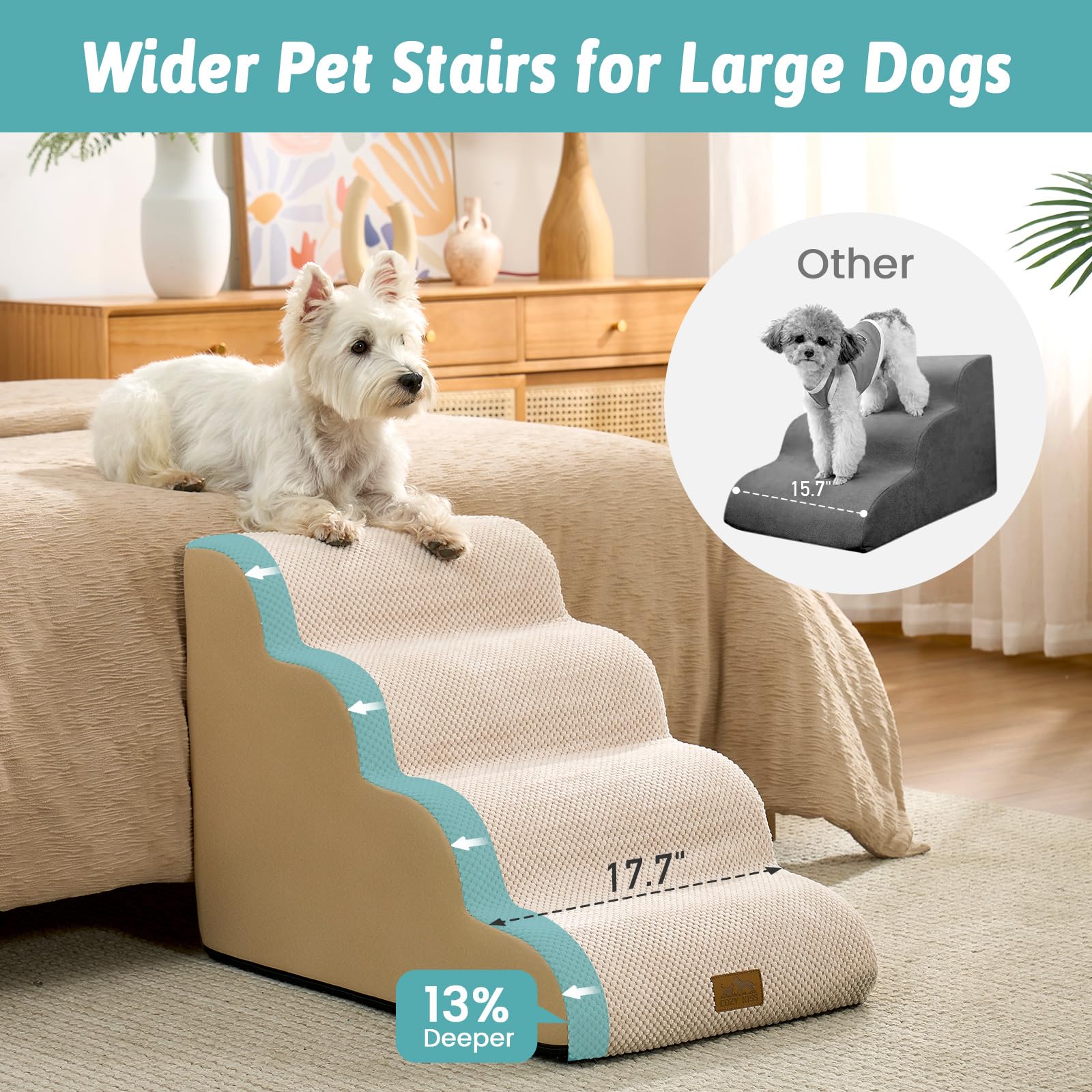 COZY KISS Wide Dog Stairs assembled setup demonstrates quick, tool-free placement