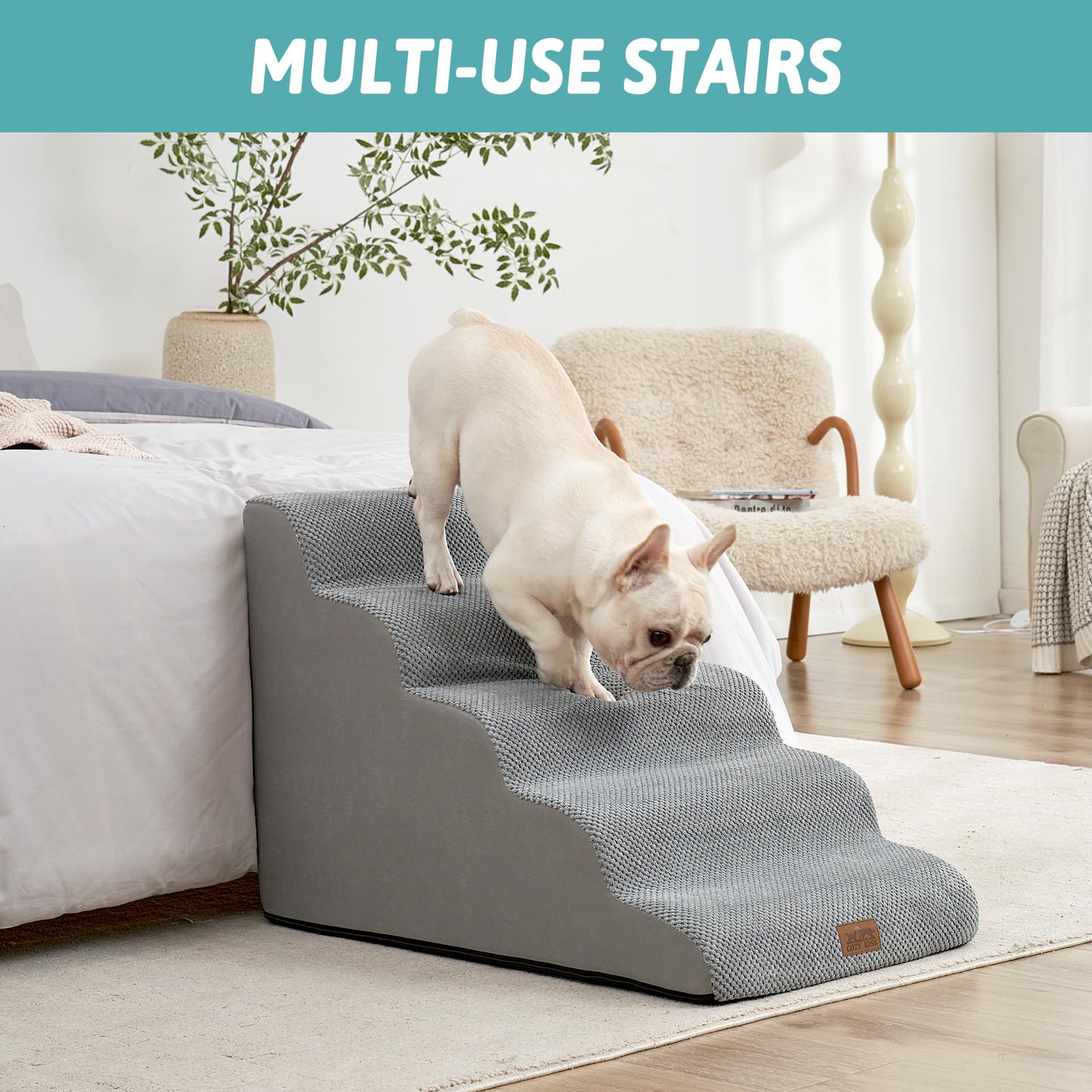 COZY KISS Wide Dog Stairs on bed illustrates multi-dog accessibility.