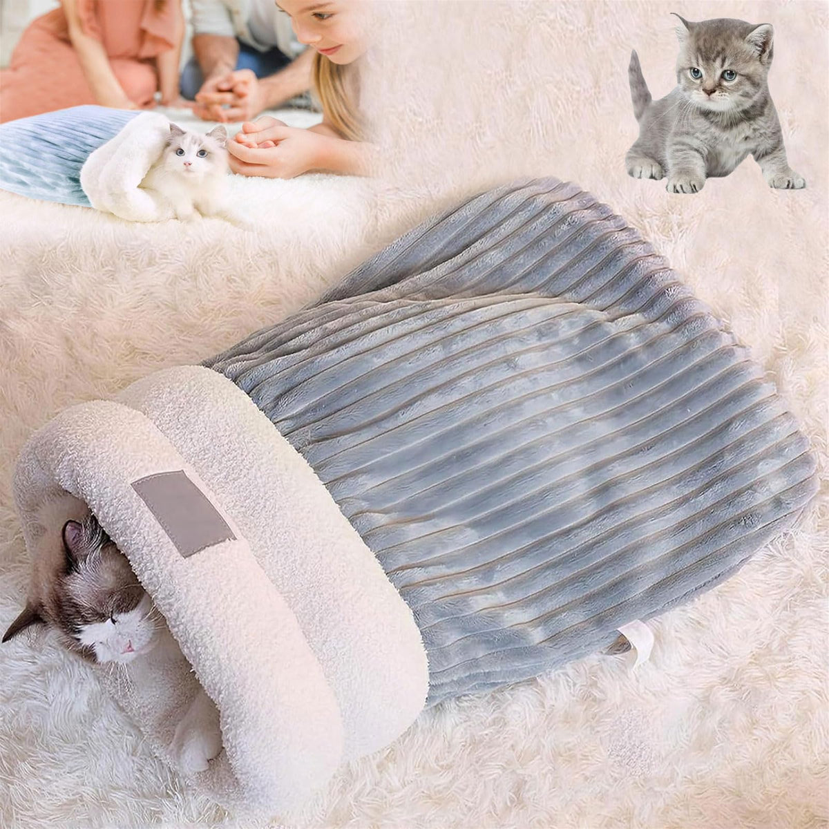 Cozy Plush Cat Sleeping Bag front view highlighting warm outer fabric for indoor cats.