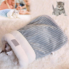 Cozy Plush Cat Sleeping Bag front view highlighting warm outer fabric for indoor cats.