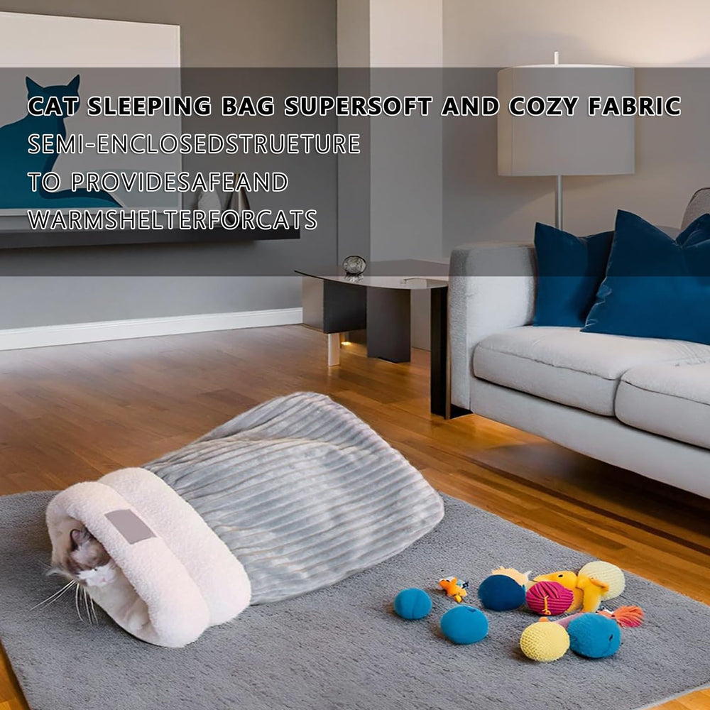 Cozy Plush Cat Sleeping Bag pocket-design illustrates easy entry and exit for pets.
