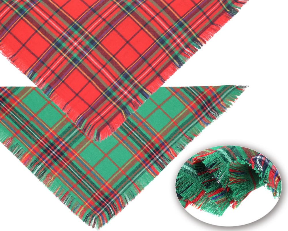 CozyHaus Christmas dog bandanas green plaid closeup shows tassel edges.