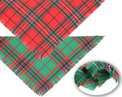 CozyHaus Christmas dog bandanas green plaid closeup shows tassel edges.