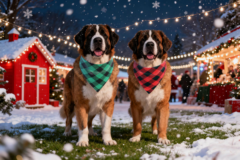 CozyHaus holiday photoshoot with dogs in festive bandanas