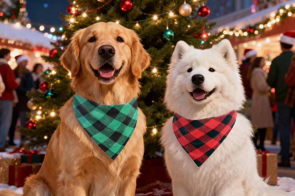 CozyHaus two-pack dog bandanas in red and green plaid