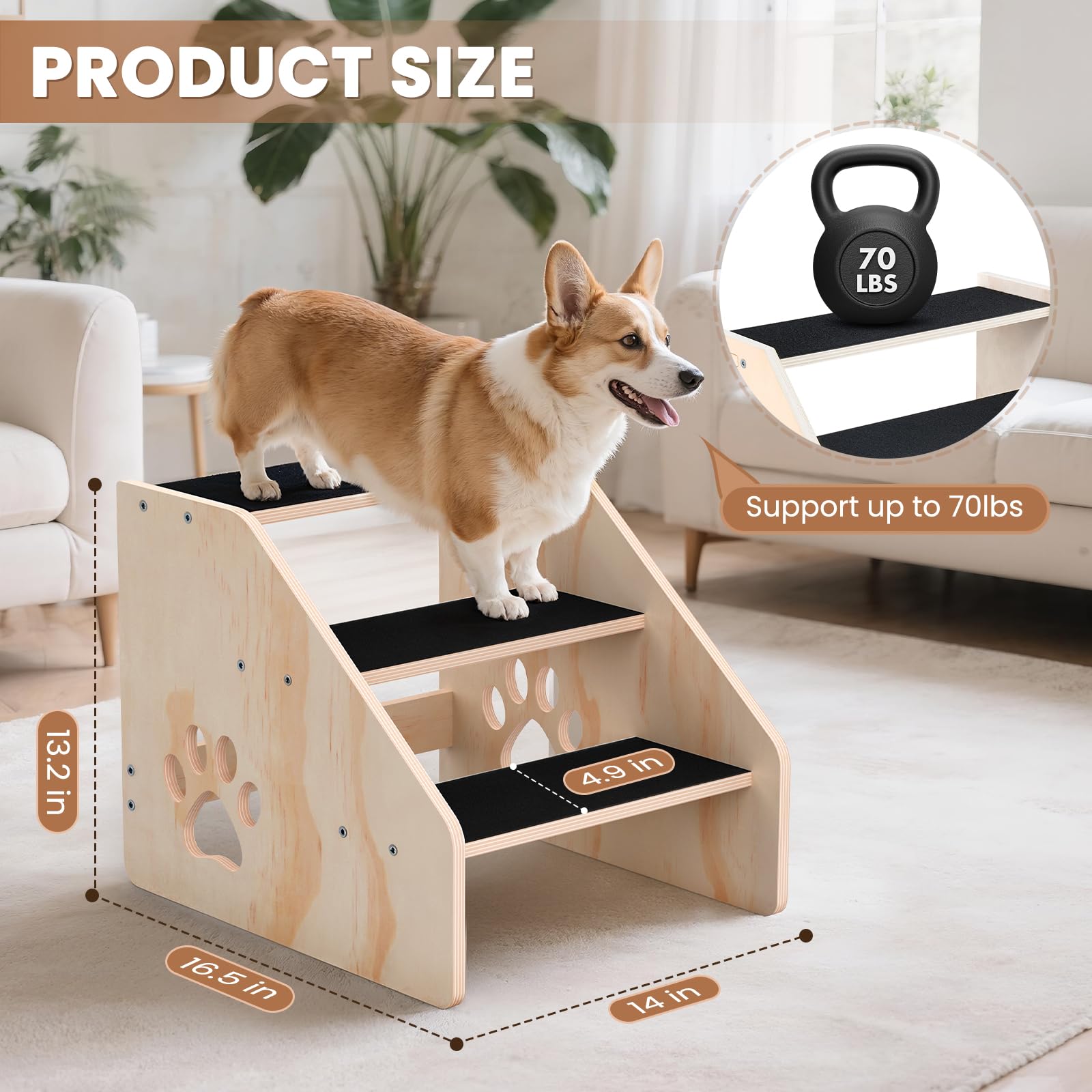 CozyLazy Dog Stairs dimension-14-5x17-7x13-4 demonstrates compatibility with beds, couches, and cars.