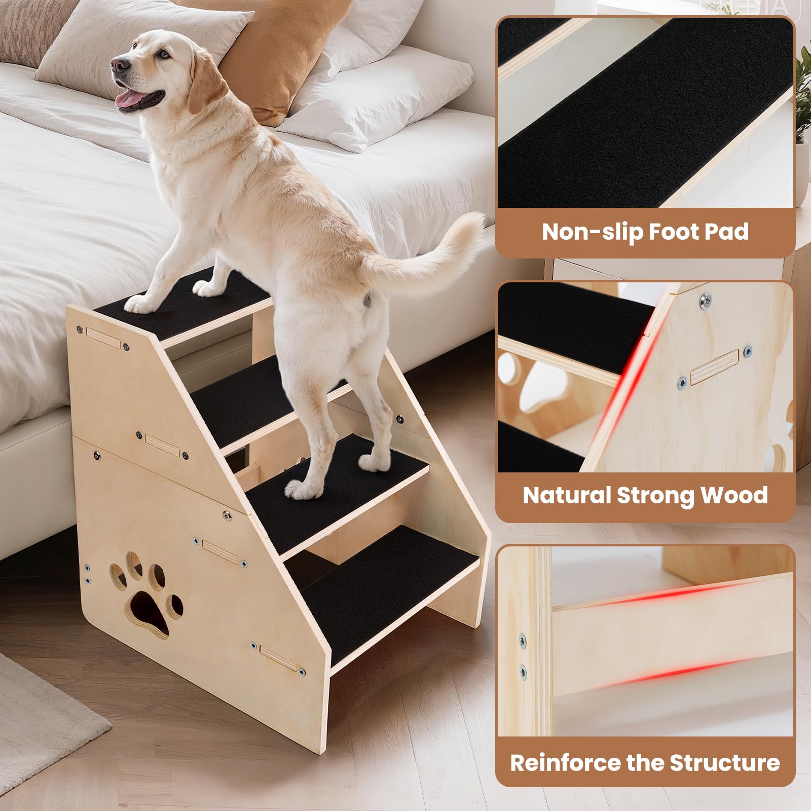 CozyLazy dog stairs-traction-pedals show fabric-covered steps for confident paw grip.