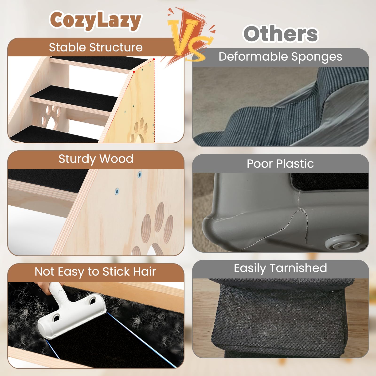 CozyLazy Dog Stairs wooden-construction highlights sturdy, deformation-resistant design for long-term pet support.