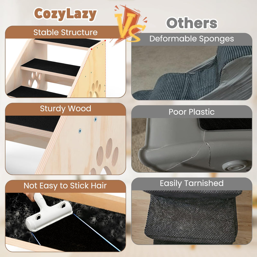 CozyLazy Dog Stairs wooden-construction highlights sturdy, deformation-resistant design for long-term pet support.