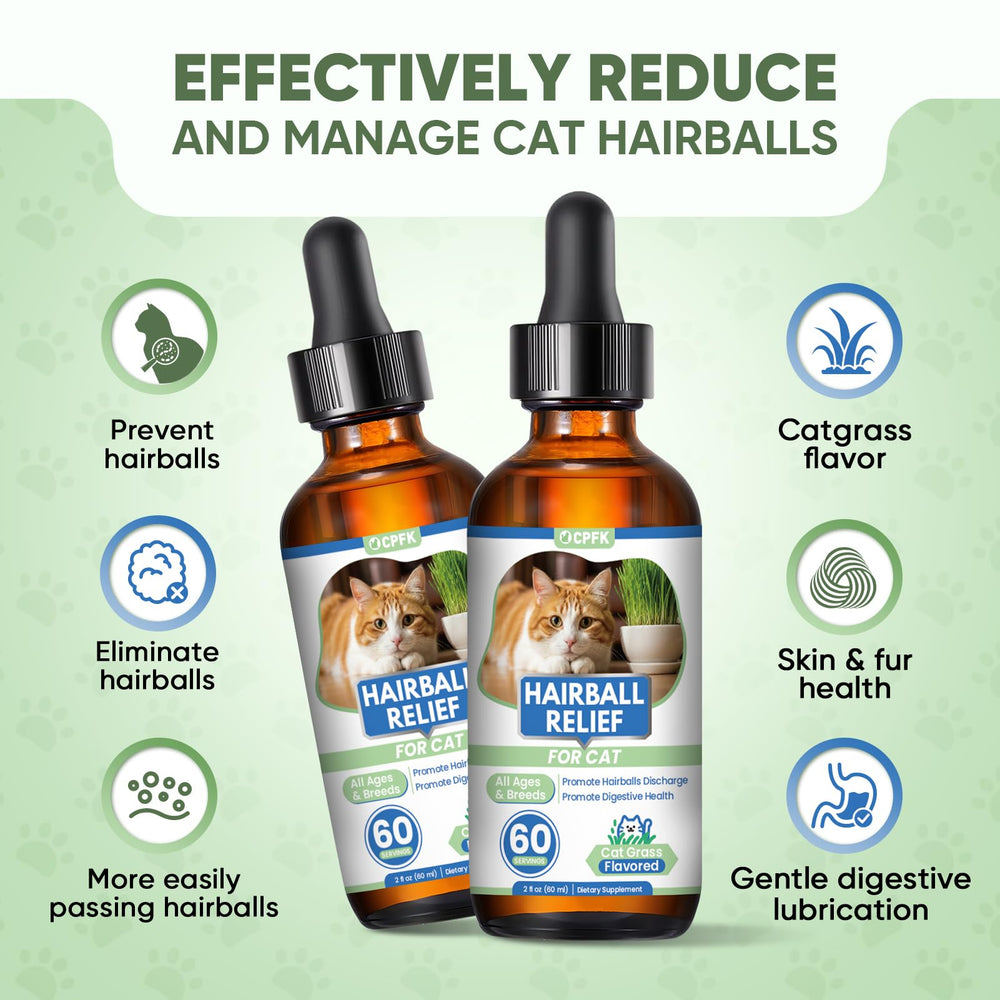 CPFK cat hairball remedy drops bottle closeup highlights precise dosing for hairball control.