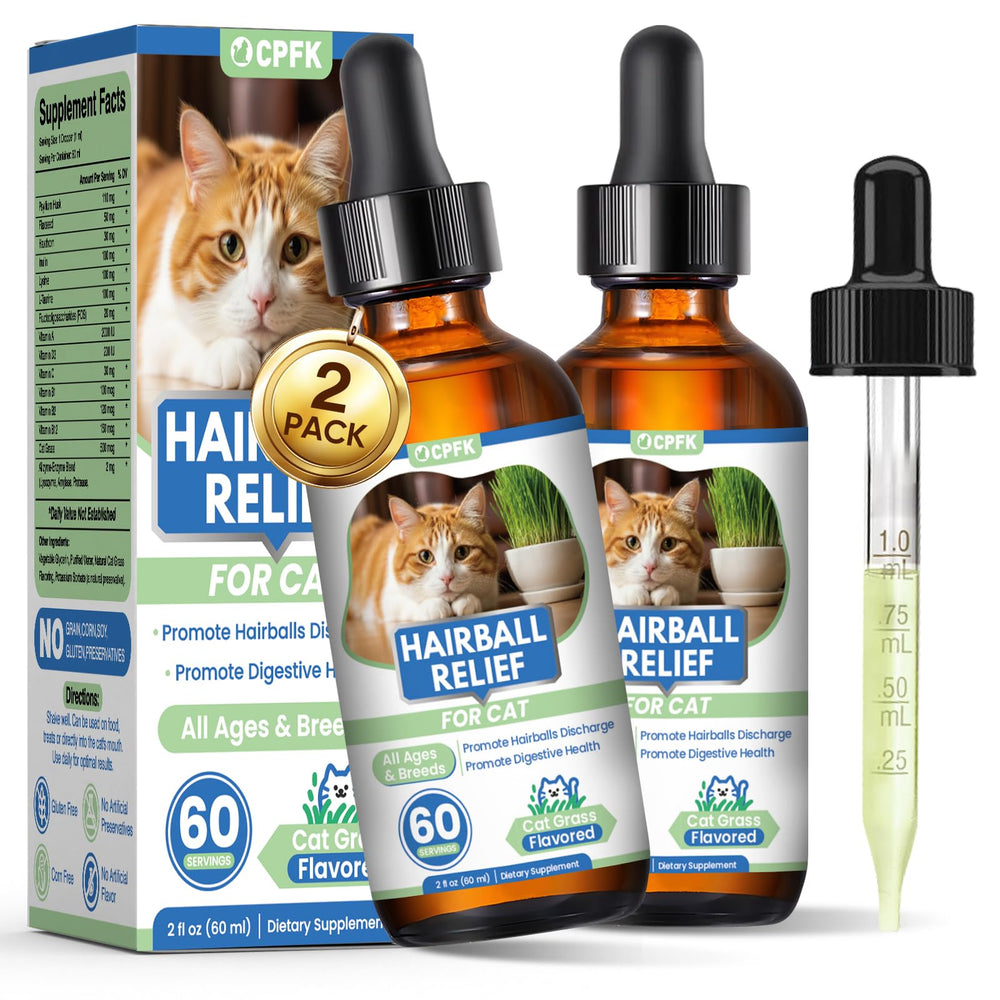 CPFK cat hairball remedy drops bottle front shows easy administration and digestion support.