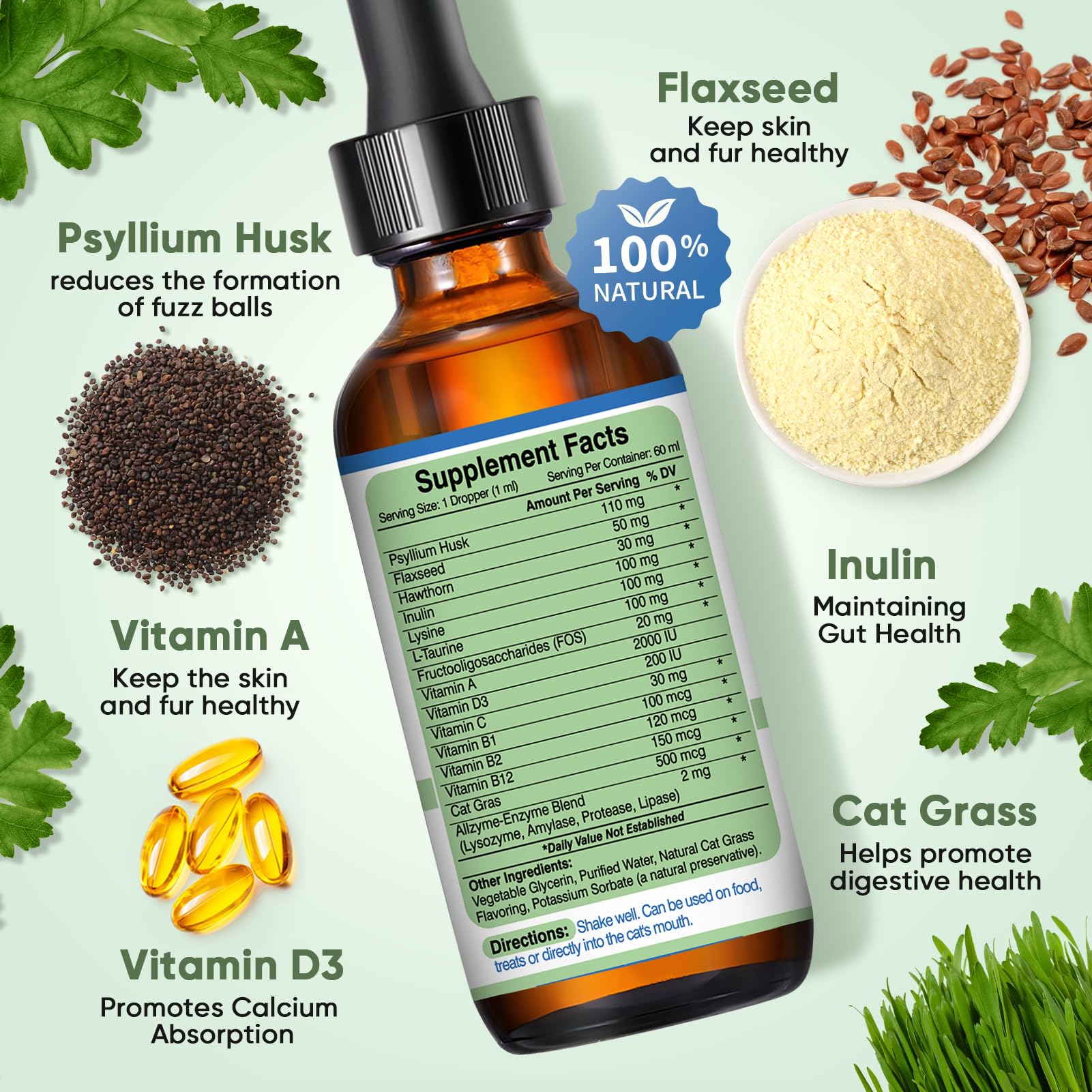 CPFK cat hairball remedy drops dropper demonstrates convenient feeding into food or water.