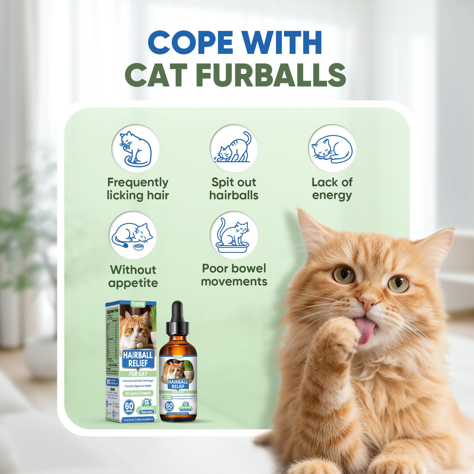 CPFK cat hairball remedy drops psyllium husk ingredient highlights digestive support.